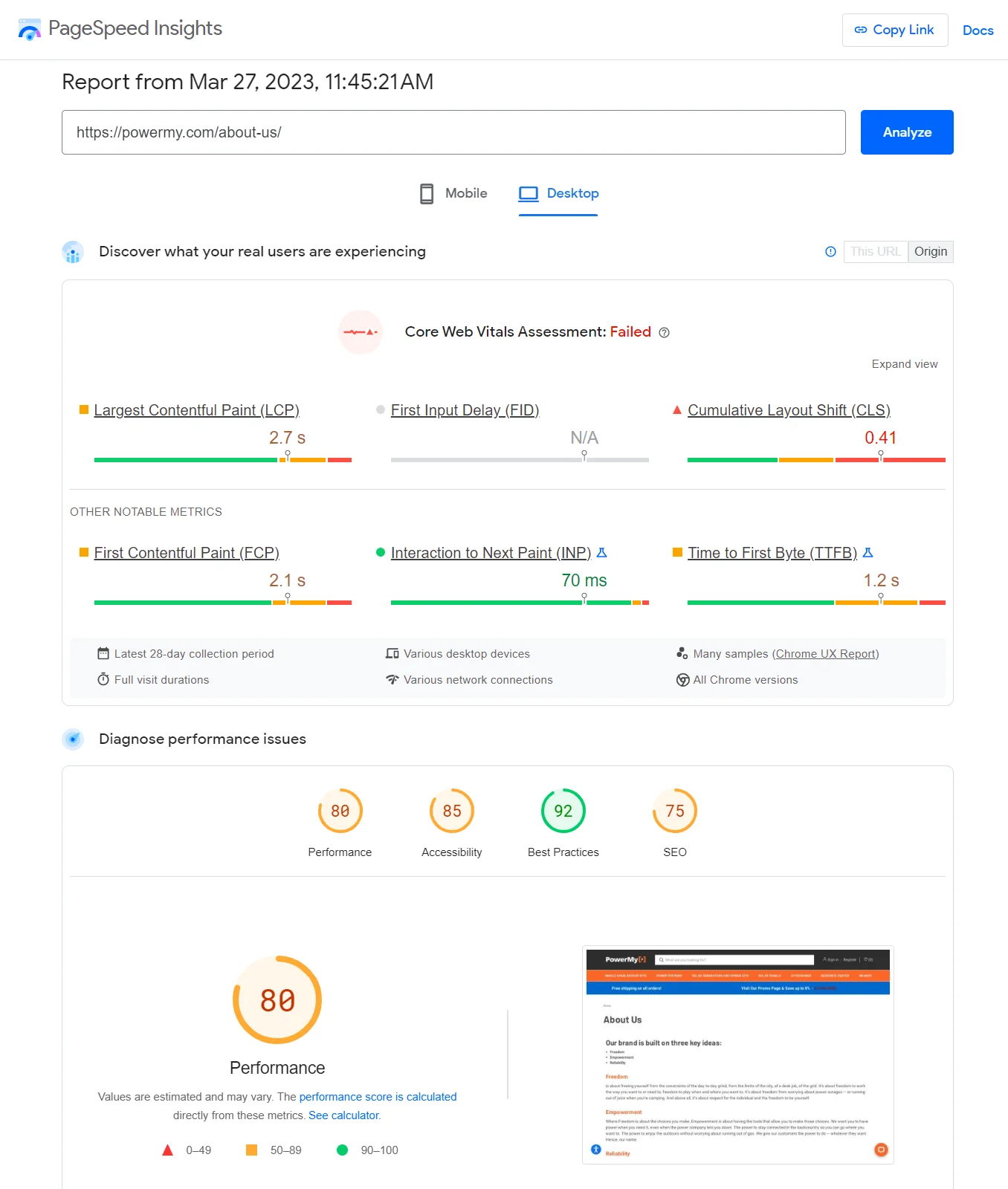 PageSpeed Insights Desktop report showing a performance score of 80.